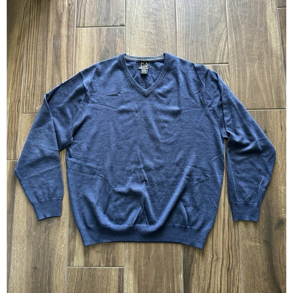 Jos A Bank Signature Collection Blue Italian Merino Wool V-Neck Sweater Mens XL